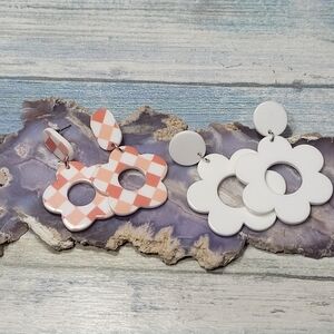 Checkered and White Flower Earrings